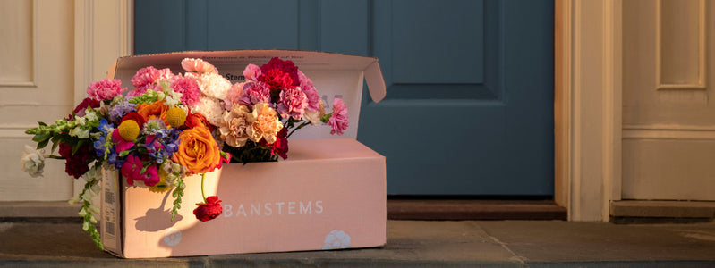 Light pink box containing multicolored flower bouquet