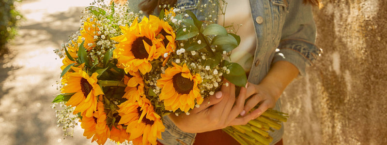 Woman holding sunflower bouquet at golden hour