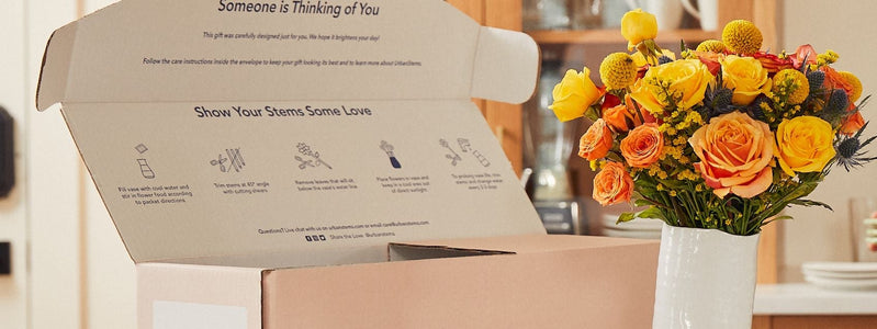 Close up of an arrangement in an UrbanStems delivery box.