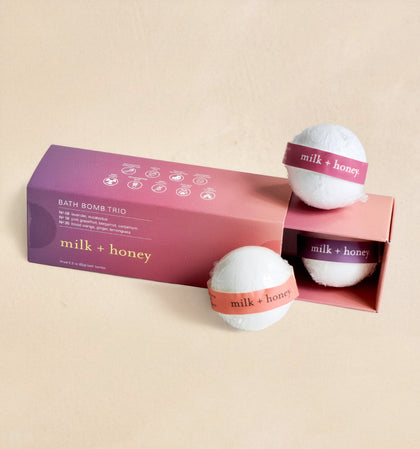 milk + honey bath bomb trio