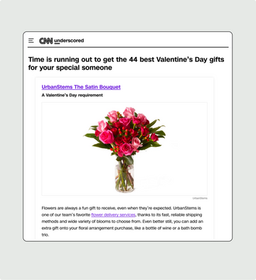 Advertisement for Valentine's Day flowers with UrbanStems bouquet on CNN Underscored website.
