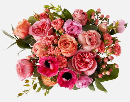 Bouquet of pink and red flowers with green leaves on a white background
