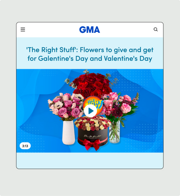 GMA screen displaying a video about Valentine's Day flowers with a blue background