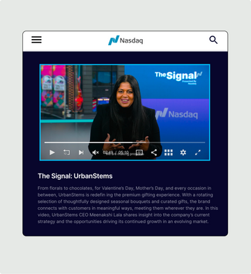 Nasdaq video player on a screen with a woman speaking.