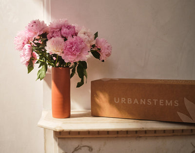 Pink flowers in a vase next to an UrbanStems box on a marble surface.