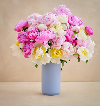 Bouquet of pink, white, and yellow flowers in a light blue vase on a beige background