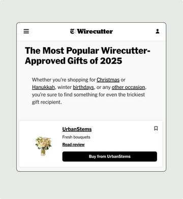 Wirecutter webpage with gift guide content on a light gray background